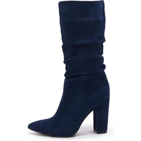 🆕Women's Navy Suede Mid Calf High Slouchy Chunky Heel Block Pointed Toe Boots - Picture 6 of 10